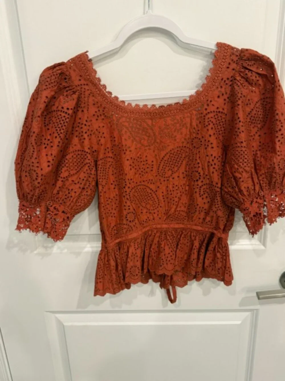 Ulla Johnson Rust Eyelet Puff-Sleeve Peplum Blouse